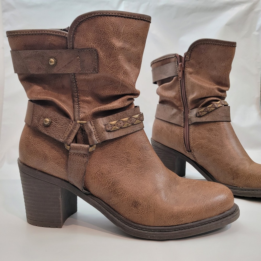 Relativity Ankle Boots Womens 9M Brown Slouchy Harness Block Heel RE-HENRICK